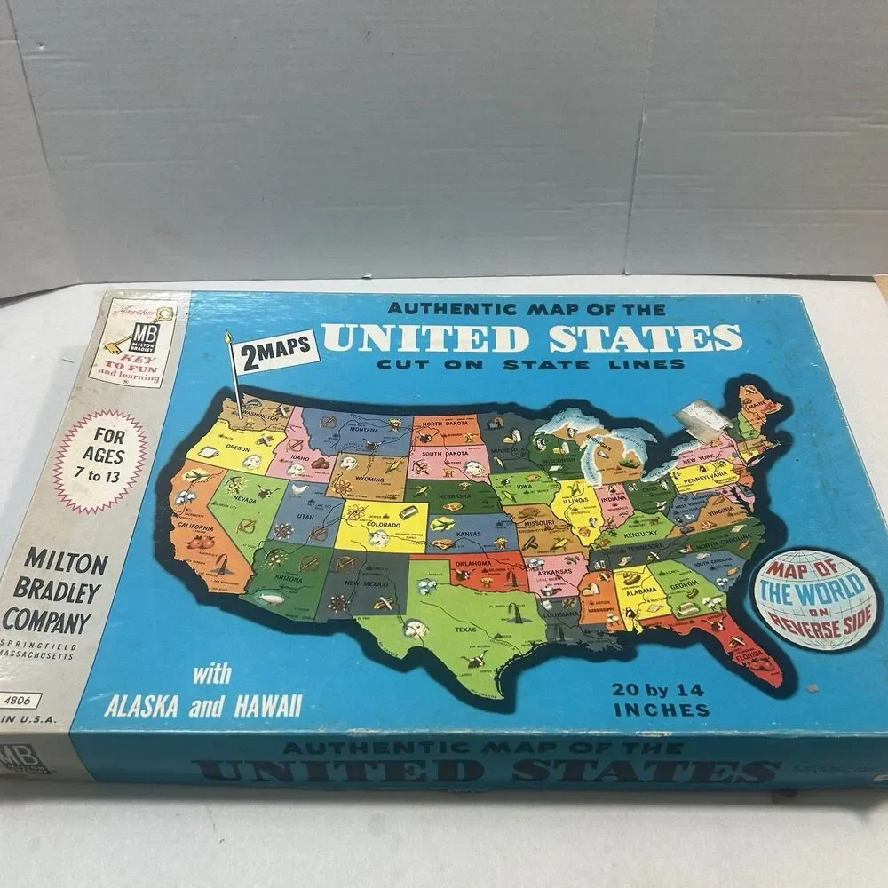 VTG Milton Bradley United States Authentic Map Puzzle 1961 Hawaii Alaska 2-Sided